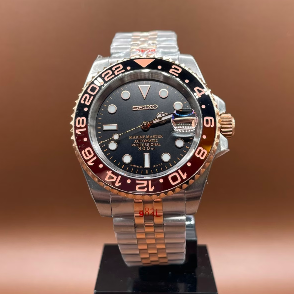 Seiko Mod GMT Root Beer Automatic Two Tone Gold Watch