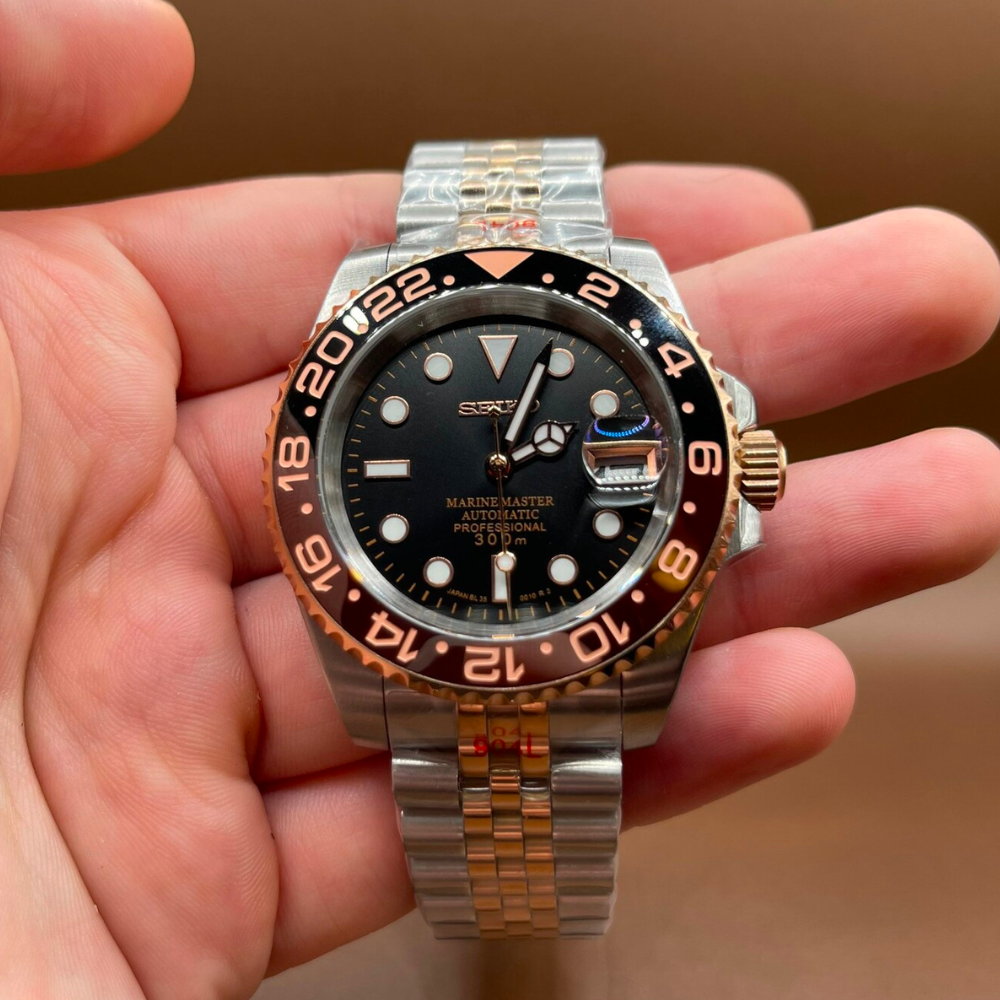 Seiko Mod GMT Root Beer Automatic Two Tone Gold Watch